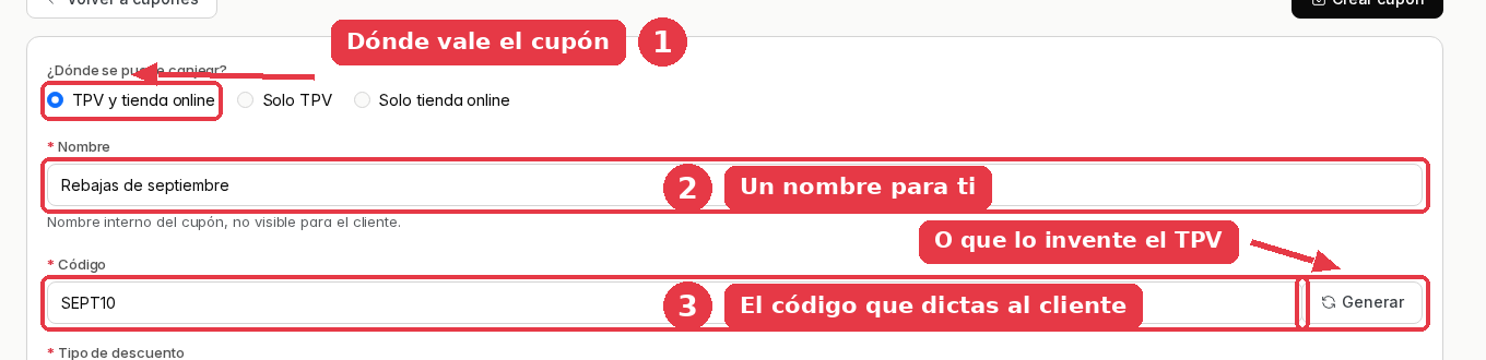 Formulario del cupón con TPV y tienda online marcado, el nombre Rebajas de septiembre y el código SEPT10.