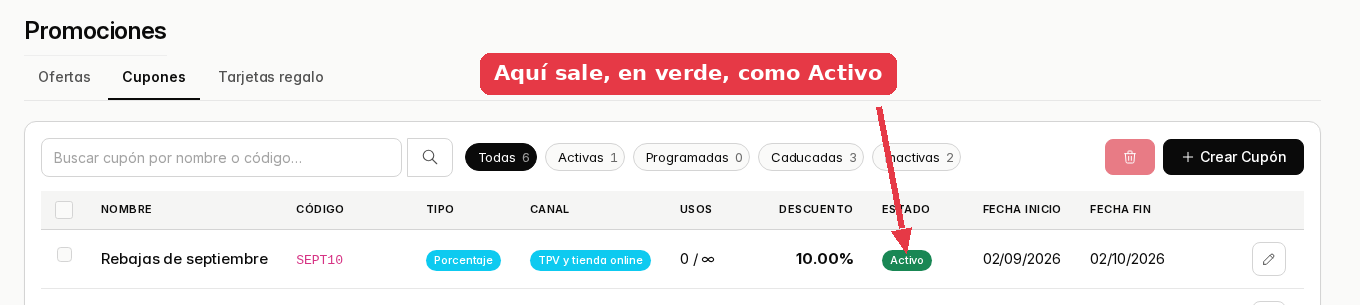 Listado de cupones con Rebajas de septiembre arriba, código SEPT10, 10.00% y el estado Activo en verde.