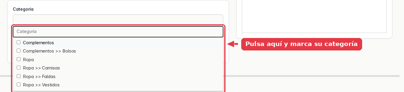 Desplegable de categorías abierto, con las categorías y sus subcategorías.