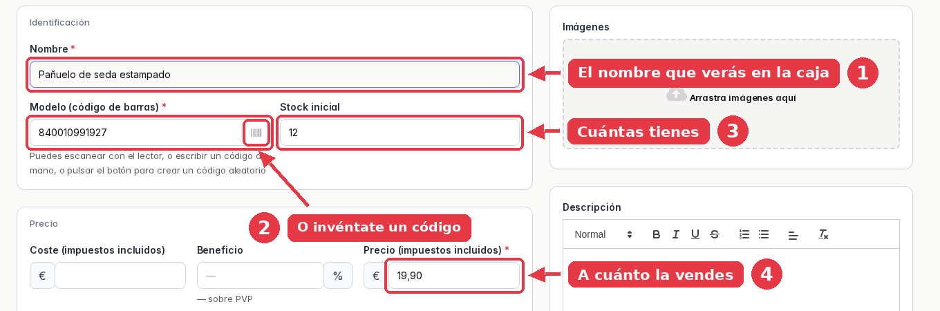Ficha de producto con el nombre, el modelo, el stock inicial y el precio rellenos.