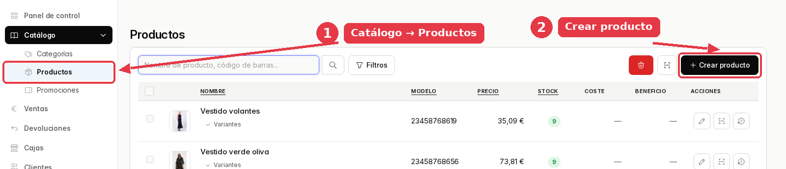 Panel de administración con el menú Catálogo abierto en Productos y el botón Crear producto arriba a la derecha.