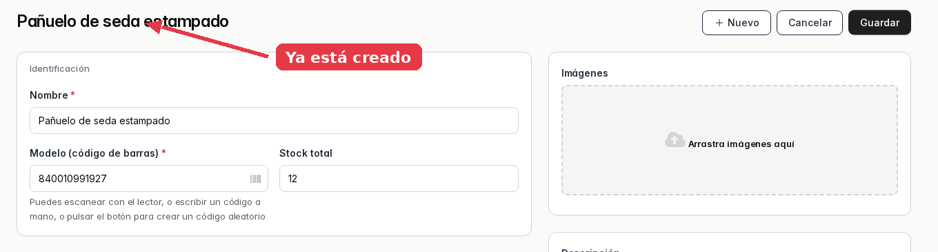 La pantalla pasa a la ficha del producto ya creado, con su nombre como título.