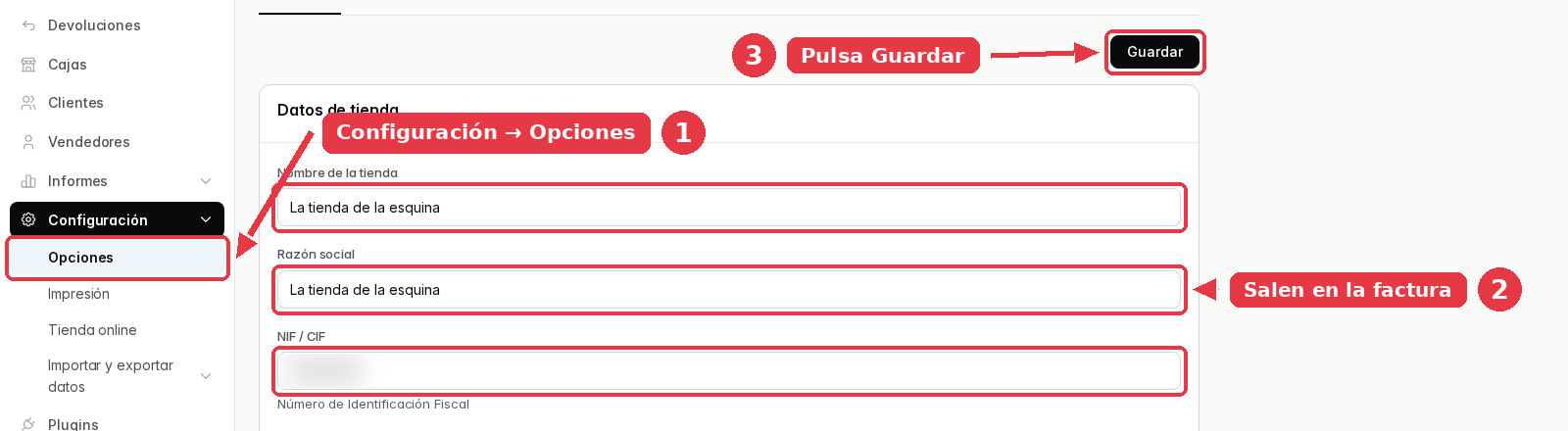 Pestaña General de Opciones con los campos de nombre de la tienda, razón social y NIF/CIF, y el botón Guardar arriba.
