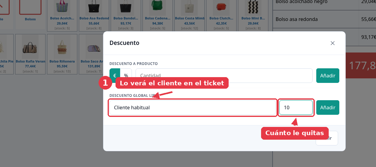Sección Descuento global libre con el concepto Cliente habitual y un importe de 10 euros.