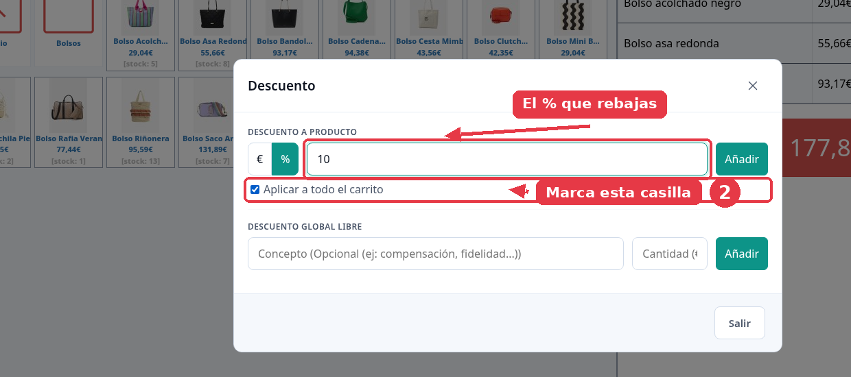 Ventana de descuento en modo porcentaje con un 10 escrito y la casilla Aplicar a todo el carrito marcada.