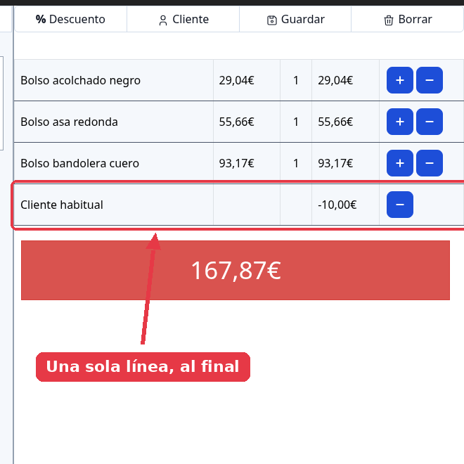 Ticket con los tres productos y una línea final que dice Cliente habitual menos 10,00 euros.
