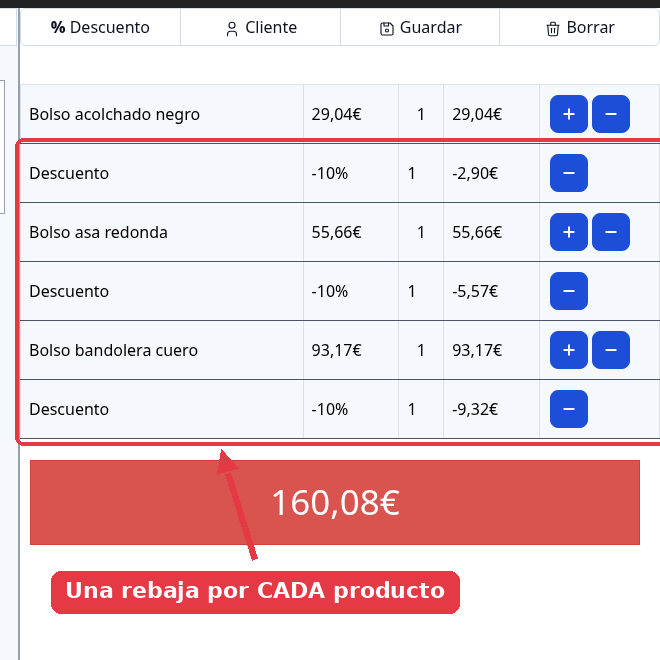 Ticket donde cada producto lleva debajo su línea de Descuento del diez por ciento.