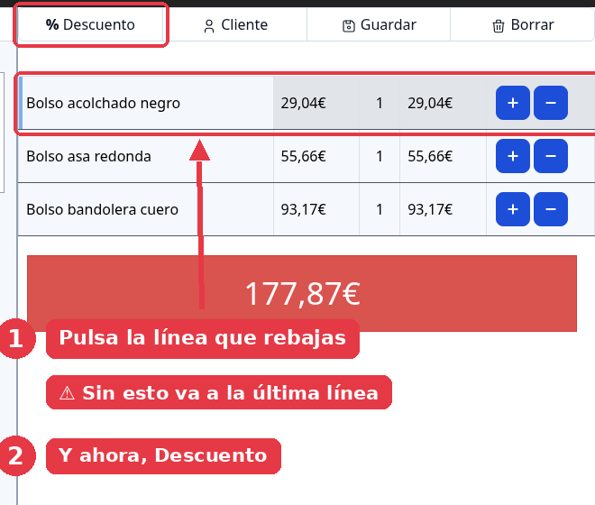 Ticket con tres productos, la primera línea marcada y el botón Descuento señalado arriba.