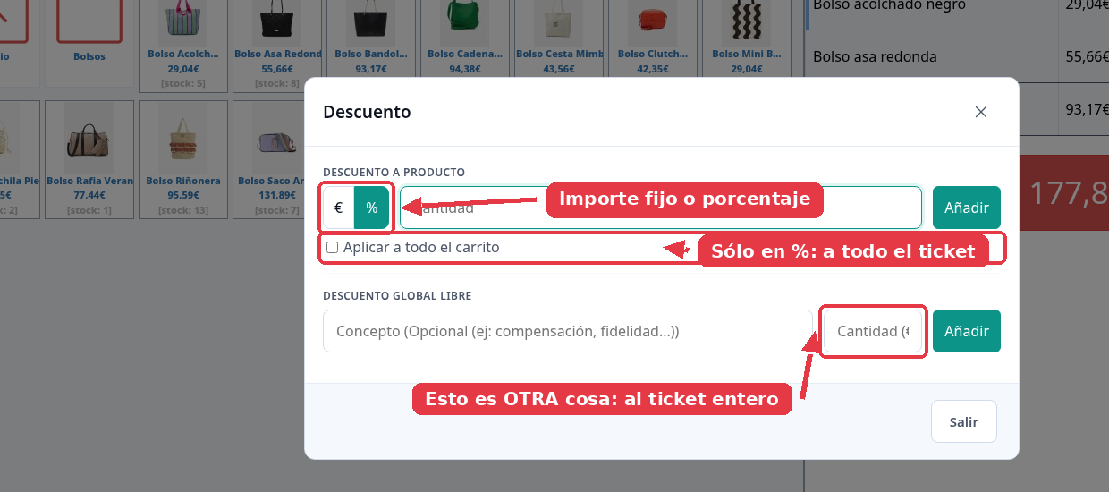 Ventana de descuento con el interruptor de euros y porcentaje en la sección Descuento a producto.