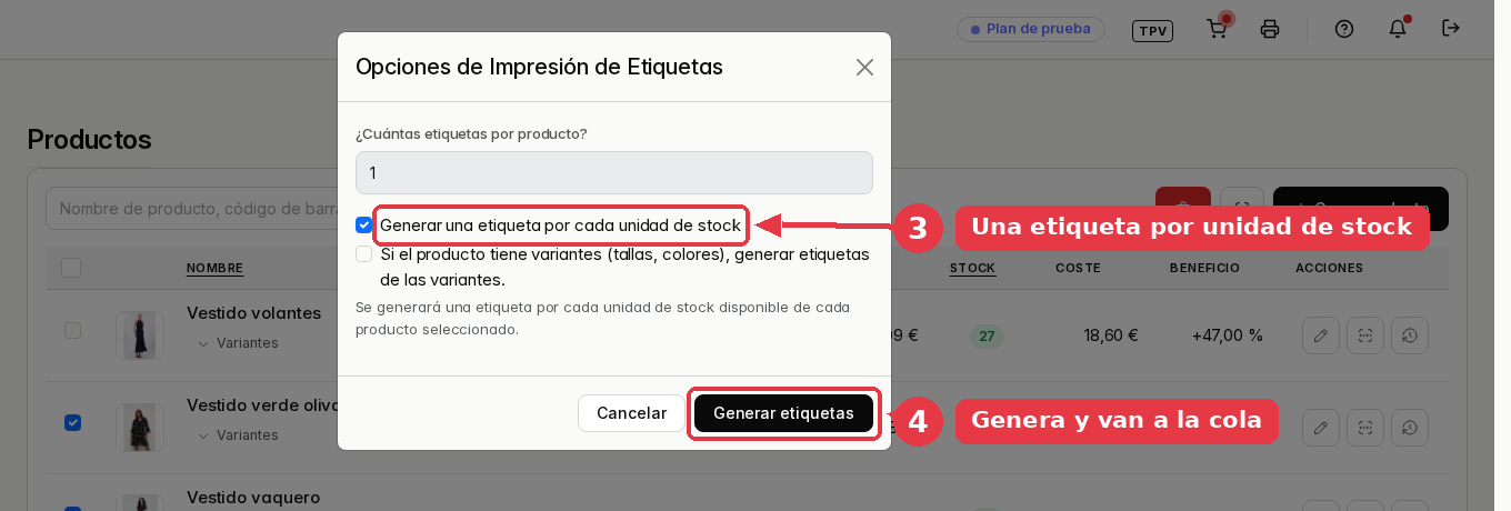 La ventana de opciones con la casilla «Generar una etiqueta por cada unidad de stock» marcada y el botón Generar etiquetas.