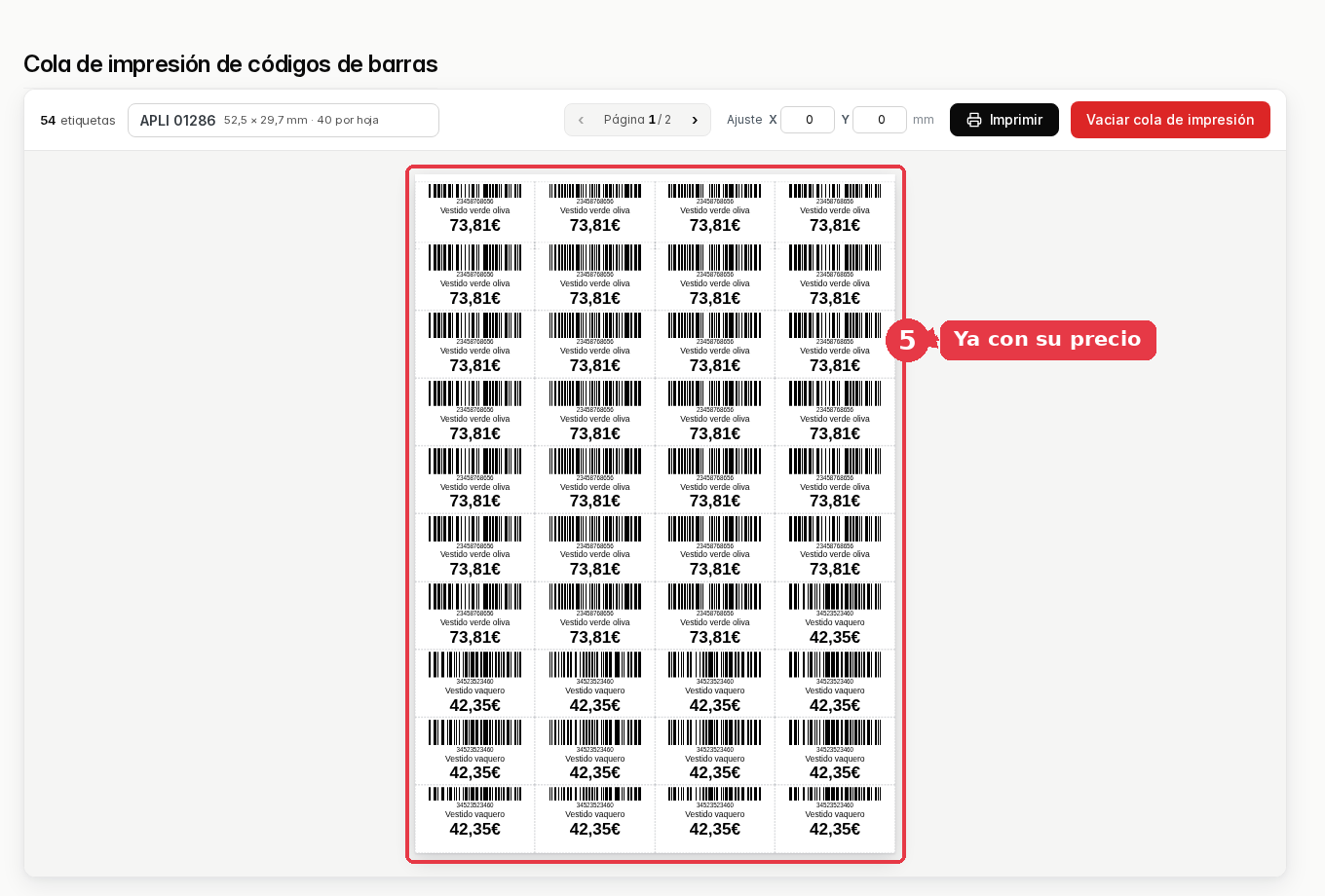 La cola de impresión con 54 etiquetas repartidas en una hoja APLI 01286, cada una con su precio.