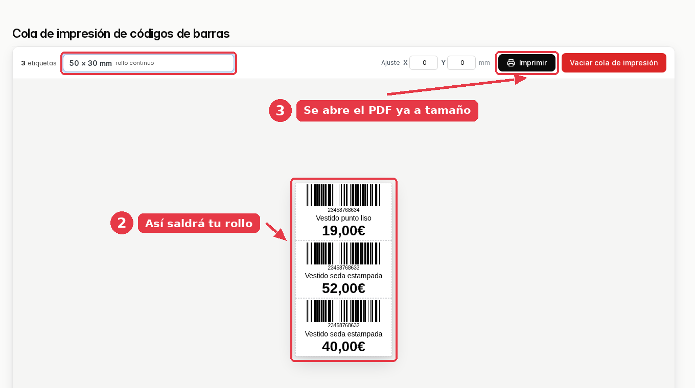 La cola con el rollo de 50 × 30 mm elegido y la tira continua con tres etiquetas y sus líneas de corte.
