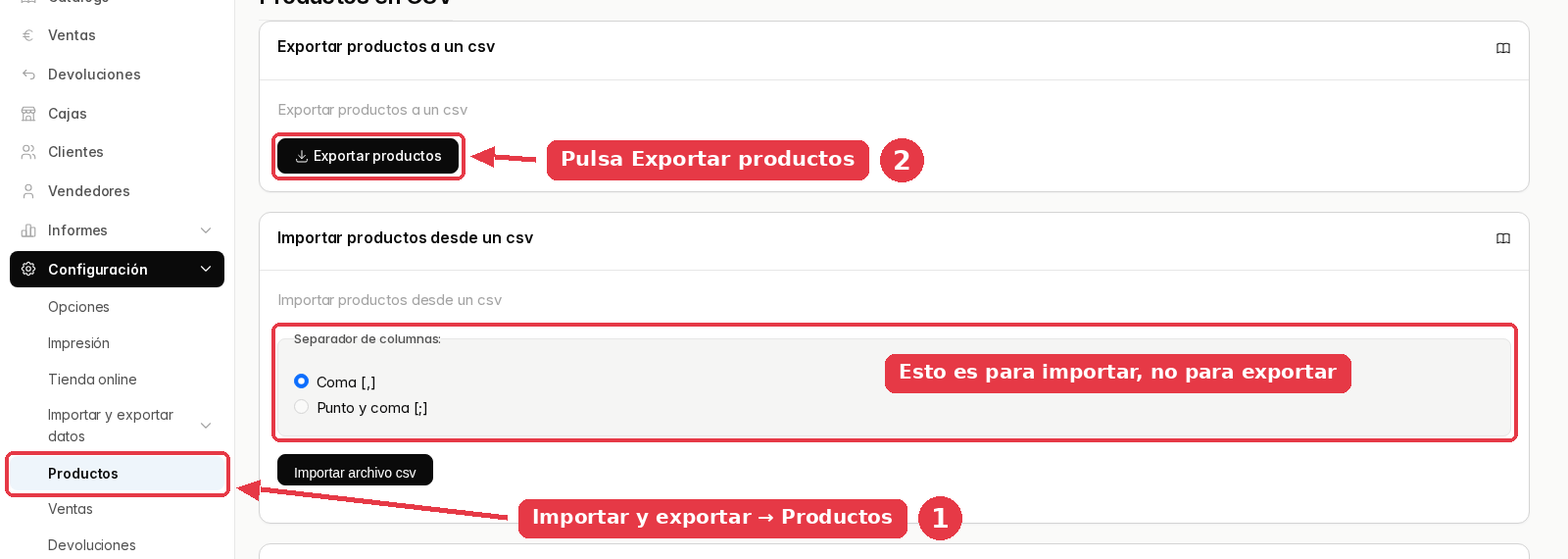 Pantalla Productos en CSV con la tarjeta de exportar arriba y la de importar debajo, con su separador de columnas.
