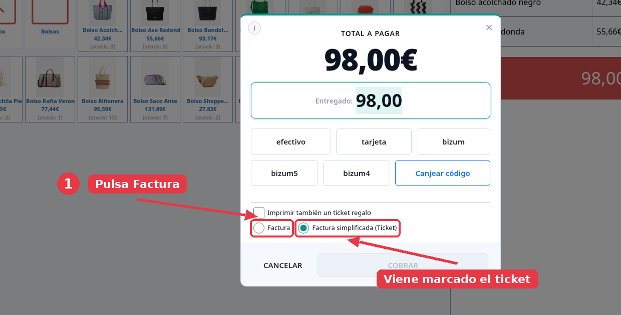 Ventana de cobro con las opciones Factura y Factura simplificada (Ticket), con el ticket marcado.