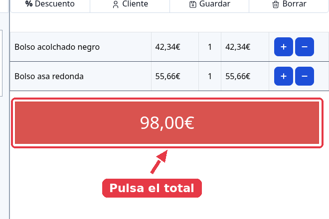 Ticket con dos productos y el botón rojo del total señalado.