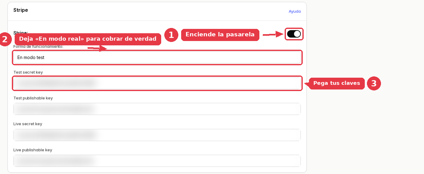 Tarjeta de Stripe con su interruptor encendido, el desplegable Forma de funcionamiento en modo test y los cuatro campos de claves.