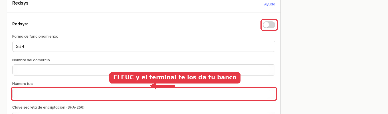 Tarjeta de Redsys con el número FUC, el nombre del comercio y el número de terminal, que facilita el banco.
