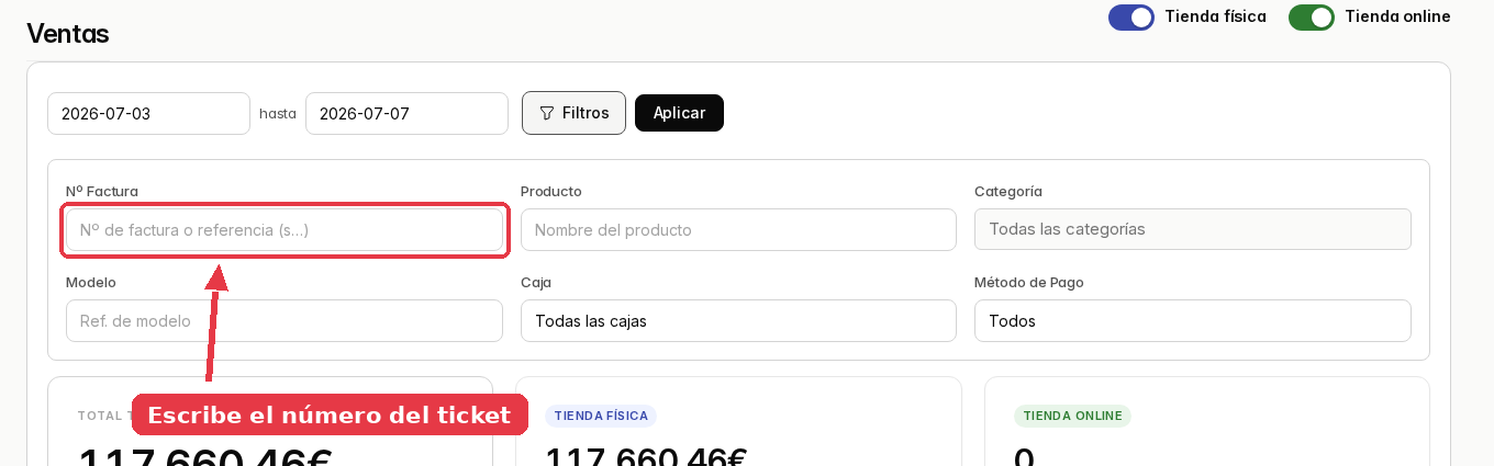 Panel de filtros desplegado con los campos de nº de factura, producto, categoría, modelo, caja y método de pago.