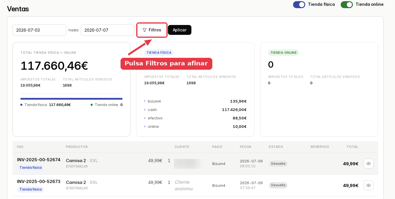 Listado de ventas de un rango de fechas con el resumen arriba y el botón Filtros señalado.