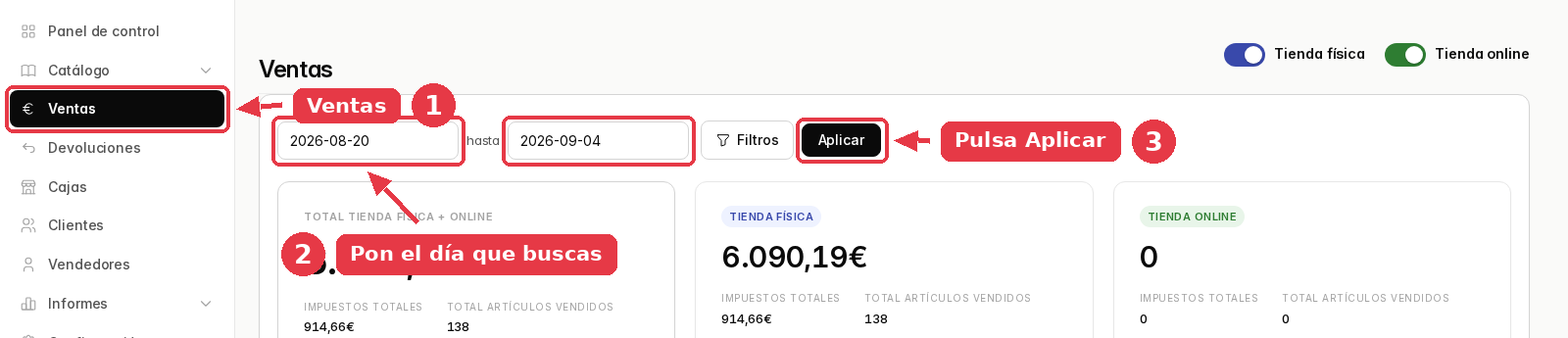 Pantalla de ventas del panel con el menú Ventas señalado, los dos campos de fecha y el botón Aplicar.