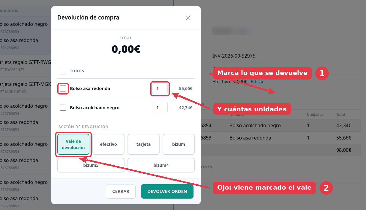 Ventana de devolución con los productos de la venta, sus cantidades y las formas de devolver, con Vale de devolución marcado.