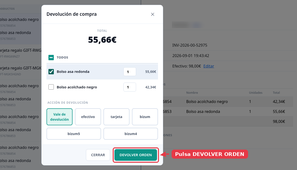 La misma ventana con un producto marcado, el total en 55,66 euros y el botón Devolver orden señalado.
