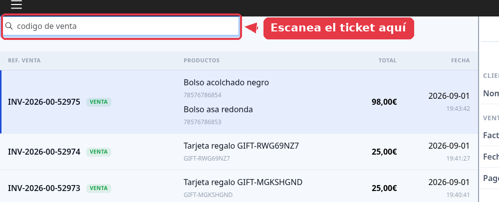 Listado de ventas con el buscador de la parte de arriba señalado.