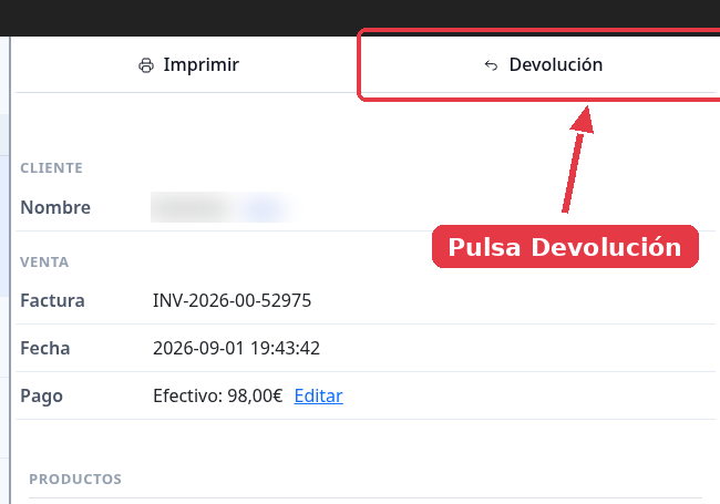 Ficha de una venta con el botón Devolución señalado arriba a la derecha.