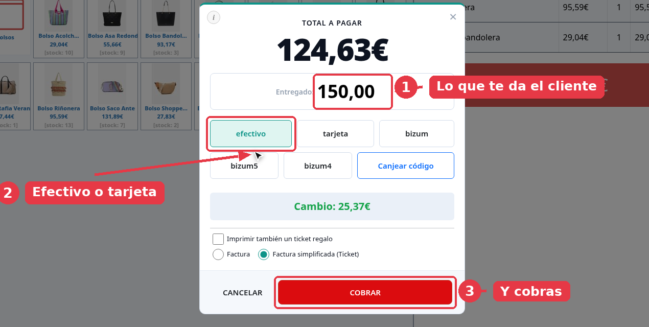 Ventana de cobro con el importe entregado, el método de pago y el botón COBRAR señalados.
