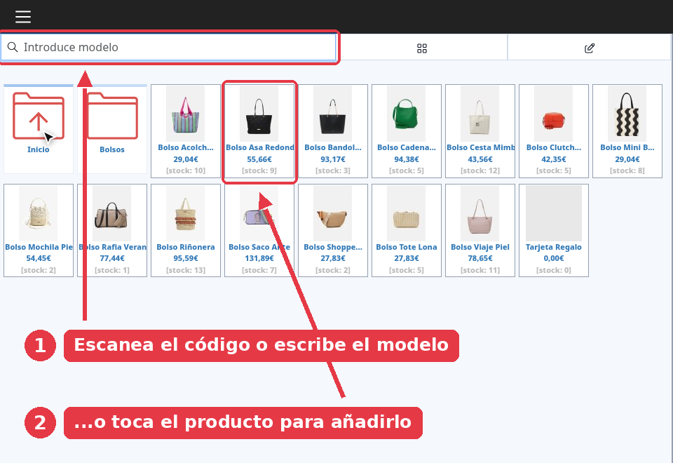 Pantalla de venta con el buscador y una ficha de producto señalados.