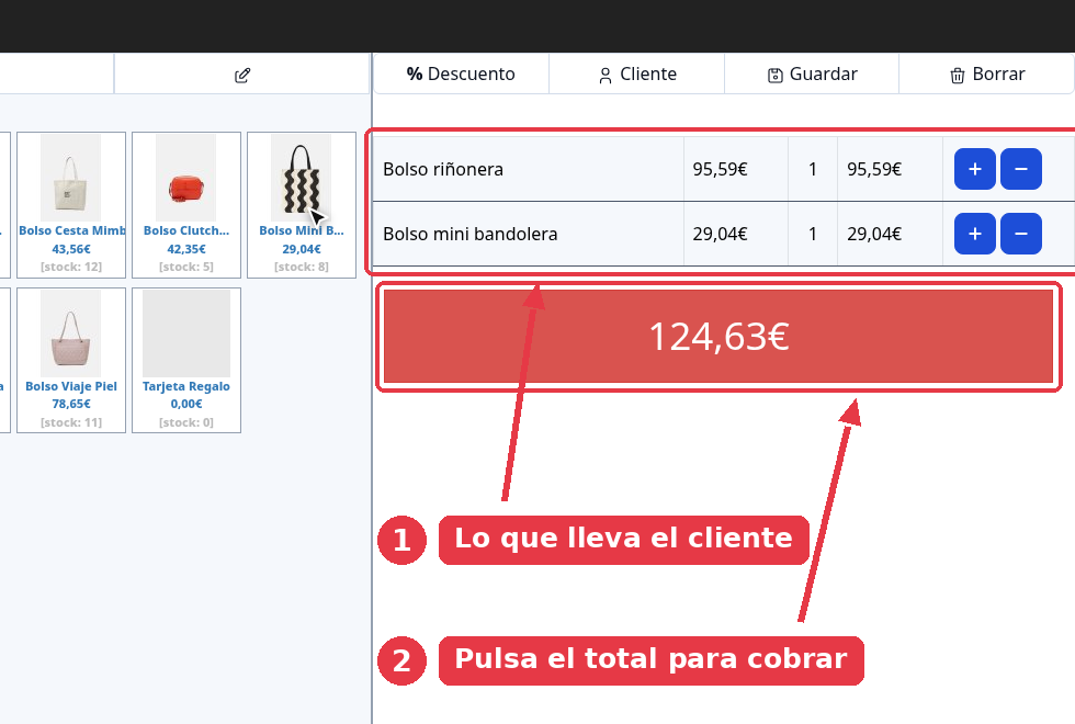 El ticket con dos productos y el botón rojo del total señalado.