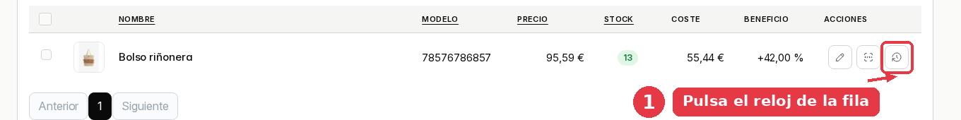 Fila del producto Bolso riñonera con el tercer icono de acciones, un reloj, señalado.