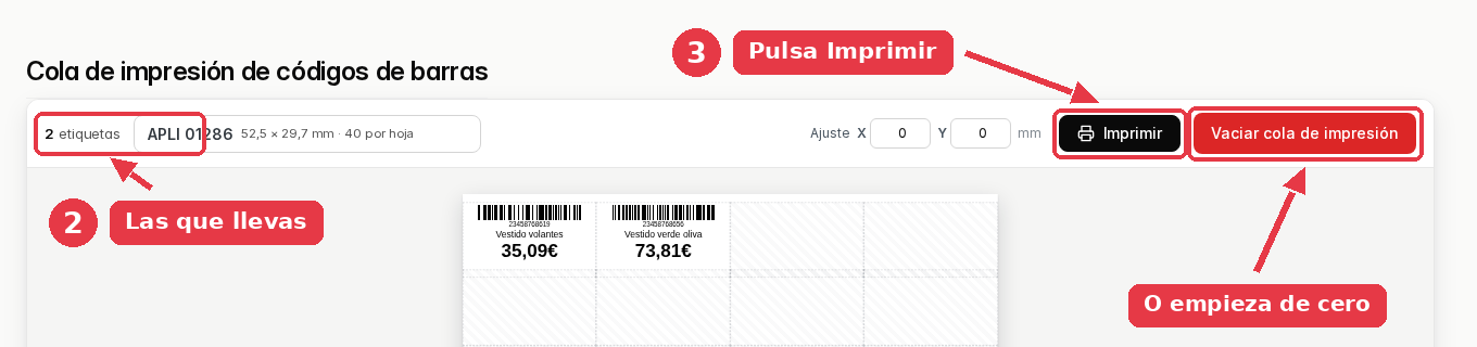 Cola de impresión con 2 etiquetas, el troquel APLI 01286 y la hoja de previsualización con los dos códigos de barras.