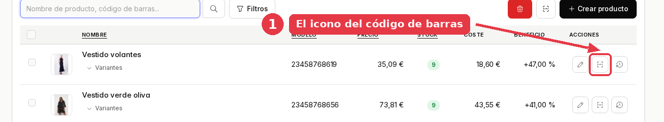 Listado de productos con el icono del código de barras señalado en la fila del primer producto.