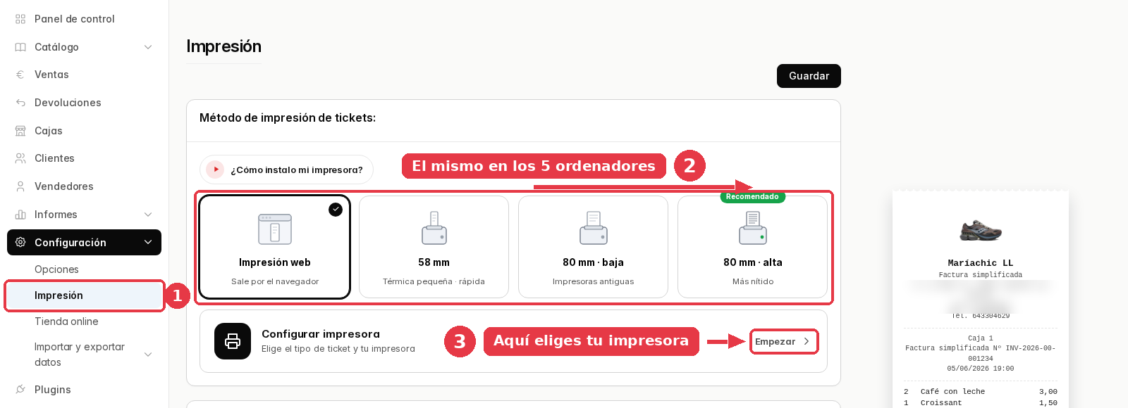 Pantalla Impresión con los cuatro métodos —Impresión web, 58 mm, 80 mm baja y 80 mm alta— y la tarjeta Configurar impresora con el botón Empezar.