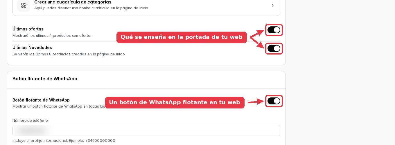 Interruptores de Últimas ofertas y Últimas Novedades, y más abajo el del botón flotante de WhatsApp con su número de teléfono.