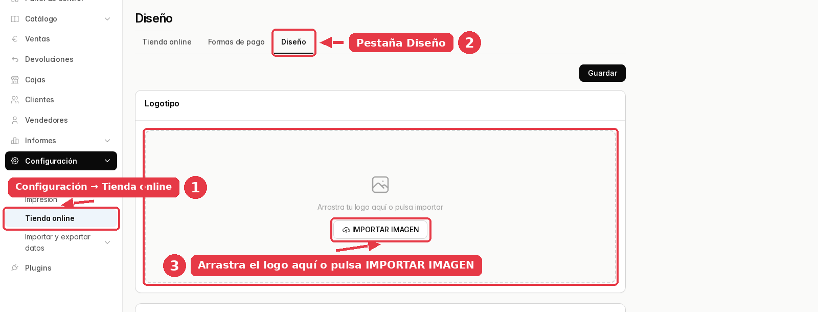 Pestaña Diseño de Tienda online con el área para arrastrar el logotipo y el botón IMPORTAR IMAGEN.