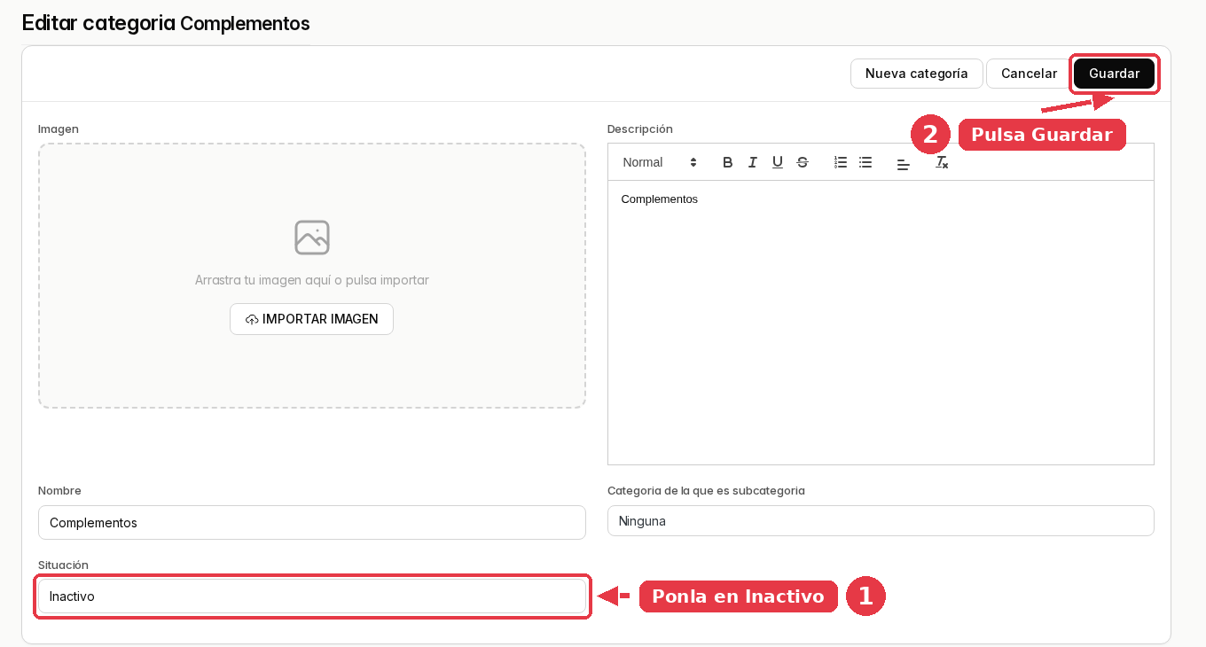 Ficha de la categoría Complementos con el campo Situación puesto en Inactivo y el botón Guardar arriba.