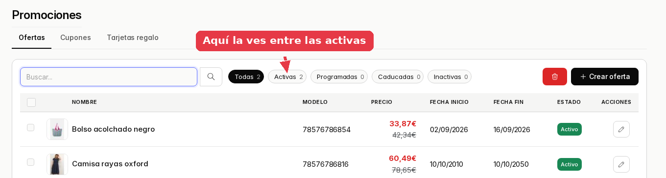 Listado de promociones con el Bolso acolchado negro a 33,87 euros tachando los 42,34, marcado como Activo.