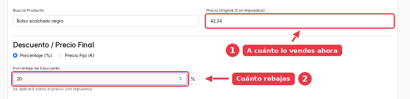 El producto elegido con su precio original de 42,34 euros y un 20 por ciento de descuento escrito.