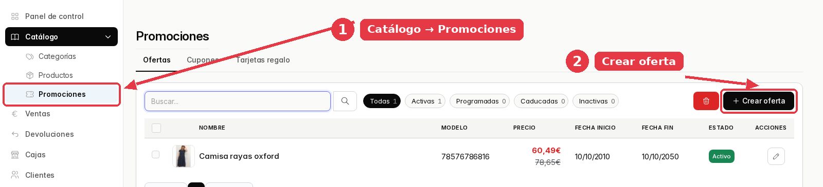 Panel de administración con el menú Catálogo abierto en Promociones y el botón Crear oferta arriba a la derecha.