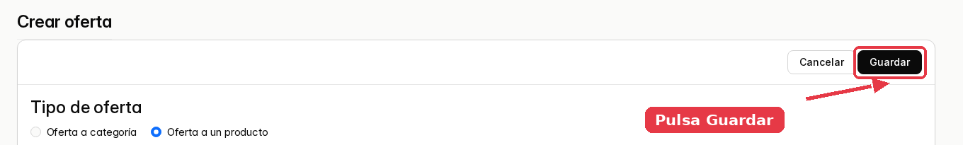 Parte superior de la ficha de la oferta con el botón Guardar señalado.