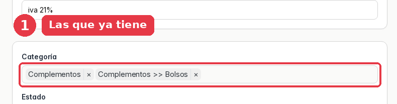 Campo Categoría de la ficha del producto con dos etiquetas: Complementos y Complementos >> Bolsos.» loading=»lazy»></figure>
<h2>3. Pulsa el campo y marca la categoría</h2>
<p>Pulsa en la parte vacía del campo, a la derecha de las etiquetas.</p>
<figure><img decoding=