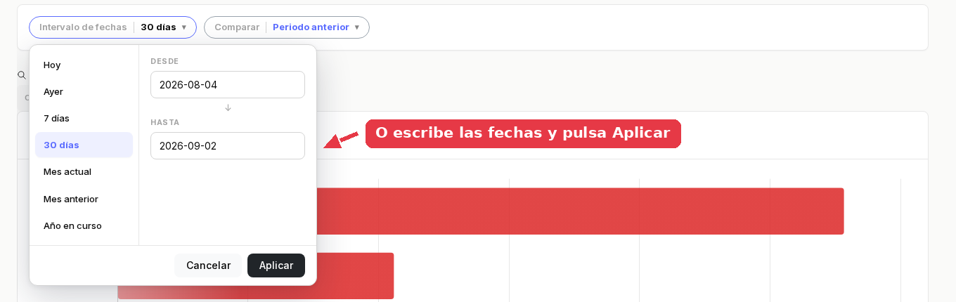 Desplegable del intervalo de fechas con los atajos y los campos Desde y Hasta.
