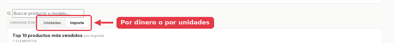 Los botones Unidades e Importe del bloque Ordenar por.