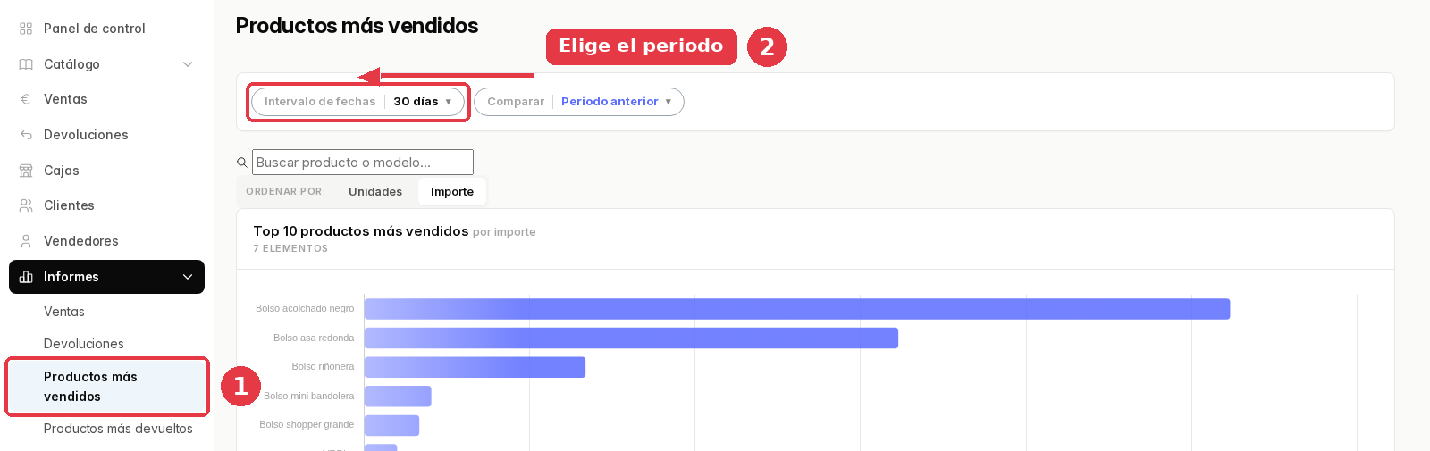 Panel con el menú Informes abierto en Productos más vendidos y el selector de intervalo de fechas señalado.