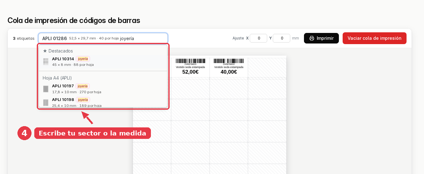 El desplegable filtrado por joyería, mostrando las referencias APLI 10314, 10197 y 10198 con su medida y cuántas caben por hoja.