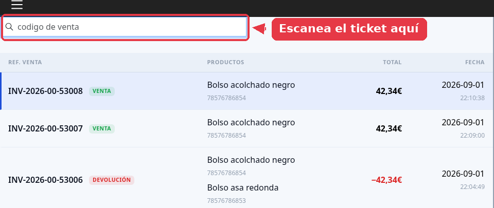 Listado de ventas con el buscador de la parte de arriba señalado.