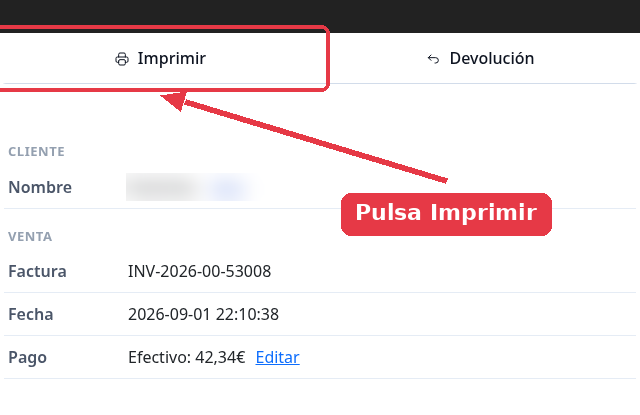 Ficha de la venta con el botón Imprimir señalado arriba a la izquierda.