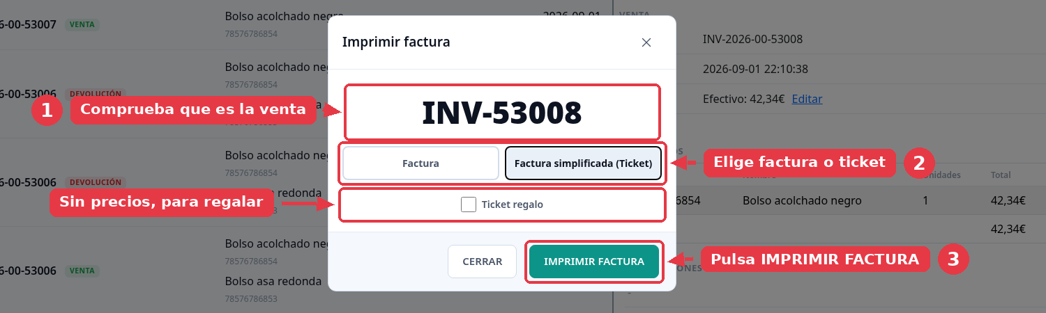 Ventana de imprimir con la referencia de la venta, las opciones Factura y Factura simplificada, la casilla de ticket regalo y el botón Imprimir factura.